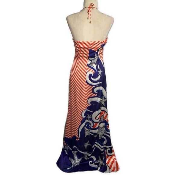 Balizza New Red White Blue Striped Starfish Halter Strapless Maxi Dress 38 Small - Picture 2 of 9
